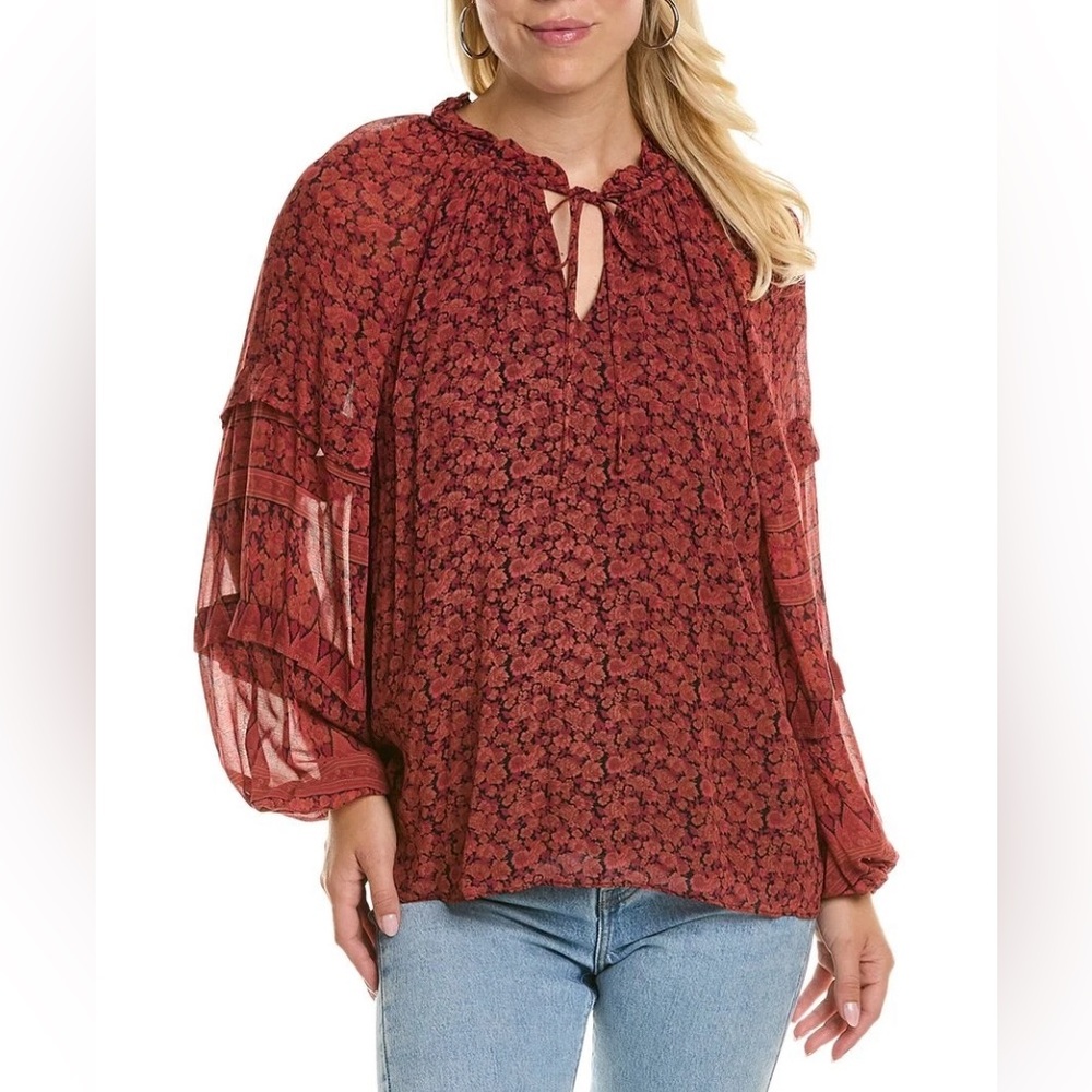 Kobi Halperin Red Orange Black Floral Silk Peasant Blouse NWT Size XL